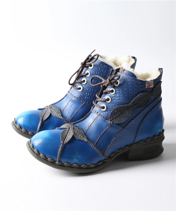 TMA EYES Textured Leather Patchwork Washed Leather Lace-Up Women's Ankle boots