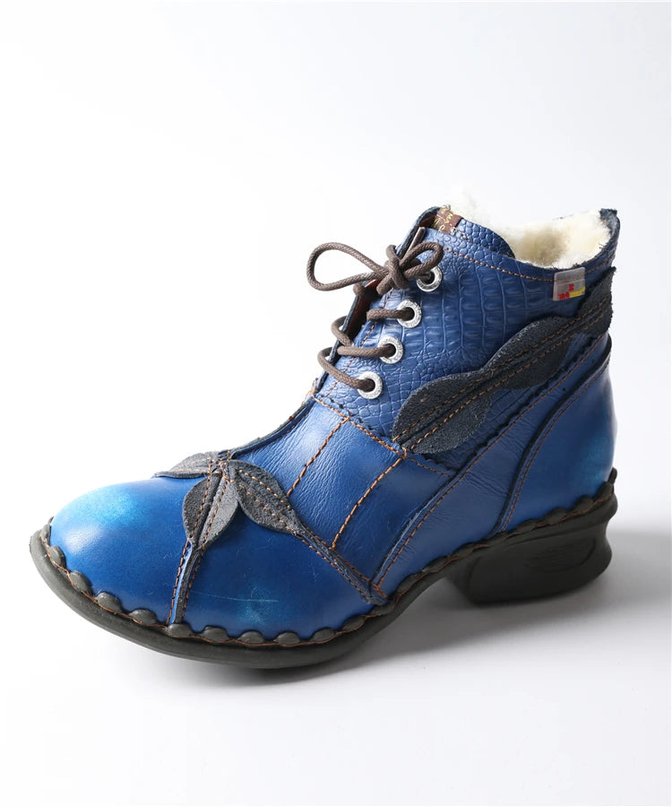 TMA EYES Textured Leather Patchwork Washed Leather Lace-Up Women's Ankle boots