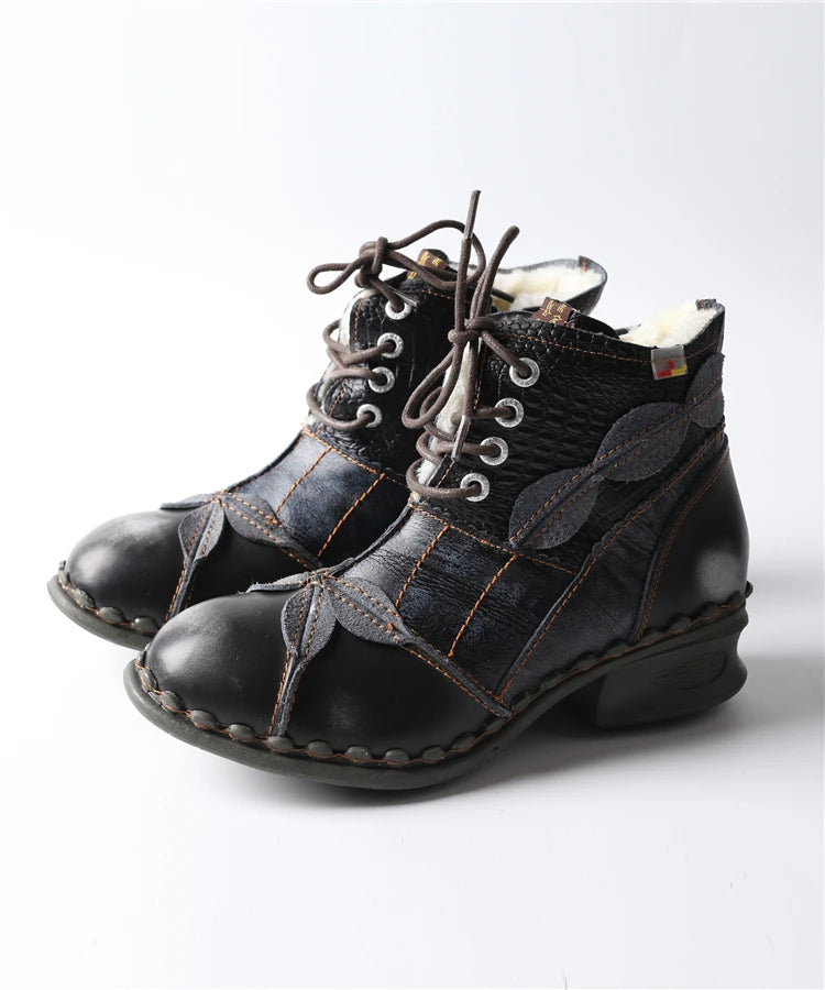 TMA EYES Textured Leather Patchwork Washed Leather Lace-Up Women's Ankle boots