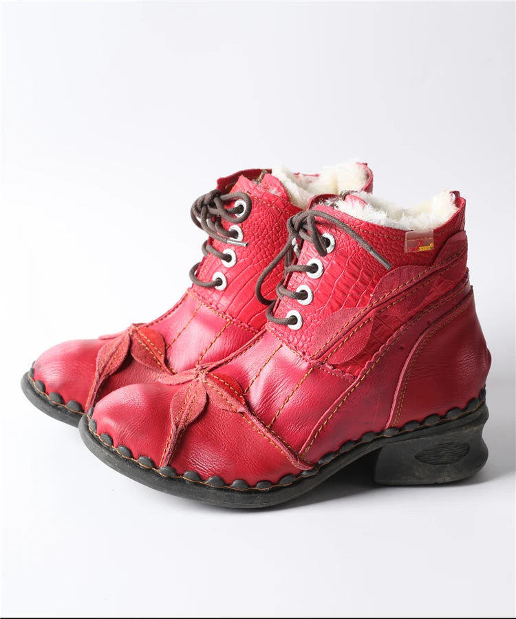 TMA EYES Textured Leather Patchwork Washed Leather Lace-Up Women's Ankle boots