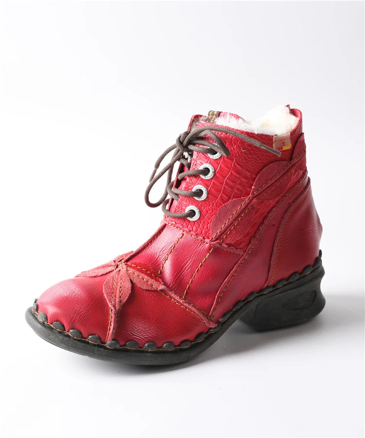 TMA EYES Textured Leather Patchwork Washed Leather Lace-Up Women's Ankle boots